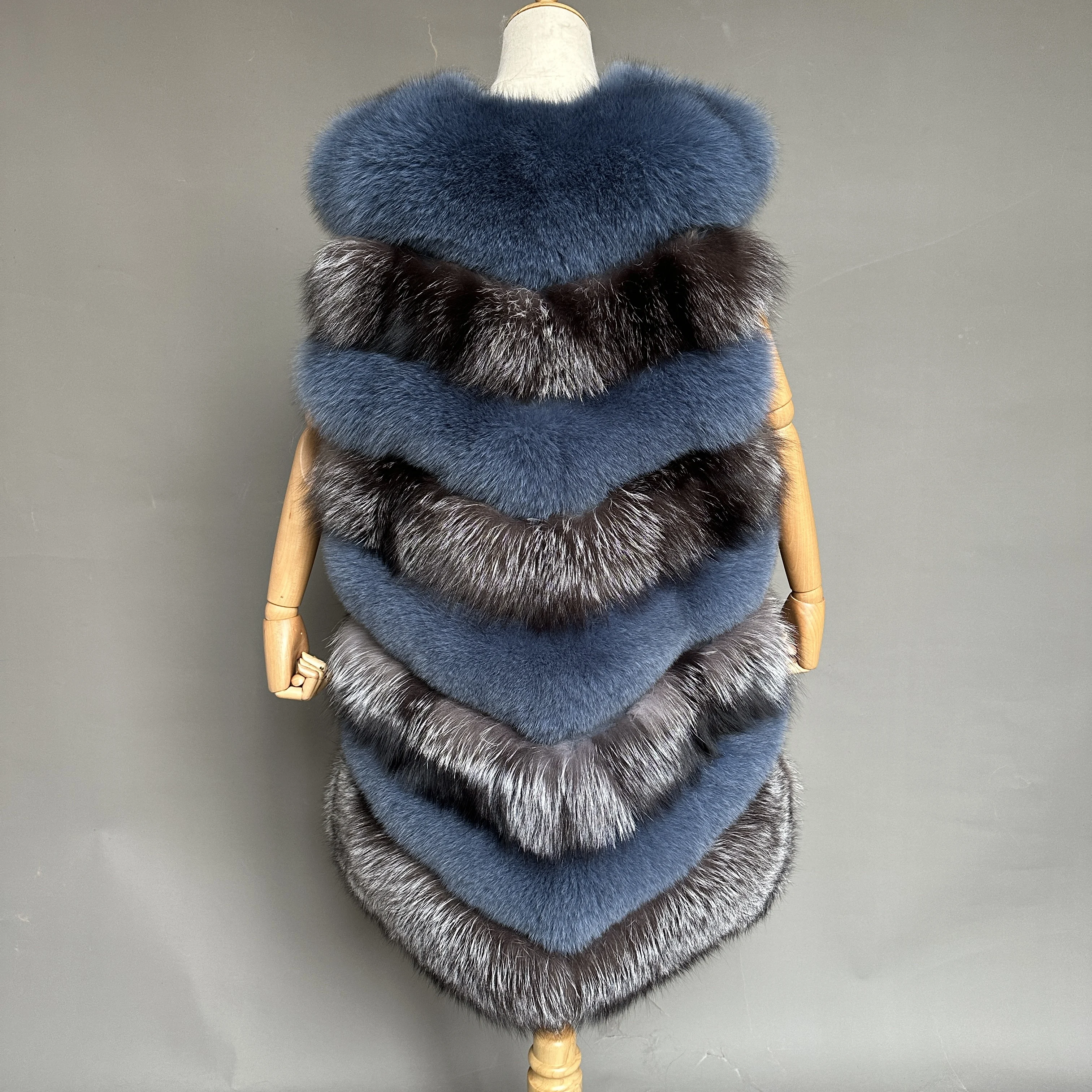 Multicolor Genuine Fur Stitching Vest Female Striped Silver Fox Fur Long Vest Women Winter Real Fur Gilet