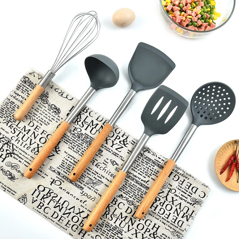 Silicone Cooking Utensil Set with Holder.Wood Handle Kitchen Cookware Tools Utensils Sets with Spatula Tool and Spoons Silicone