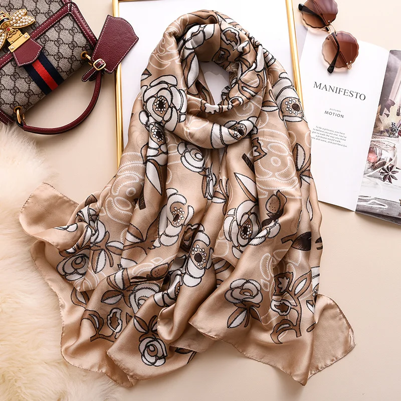 Wholesale 2020 latest summer beach shawl wraps fashion grey flower print oversize long women korean silk scarf