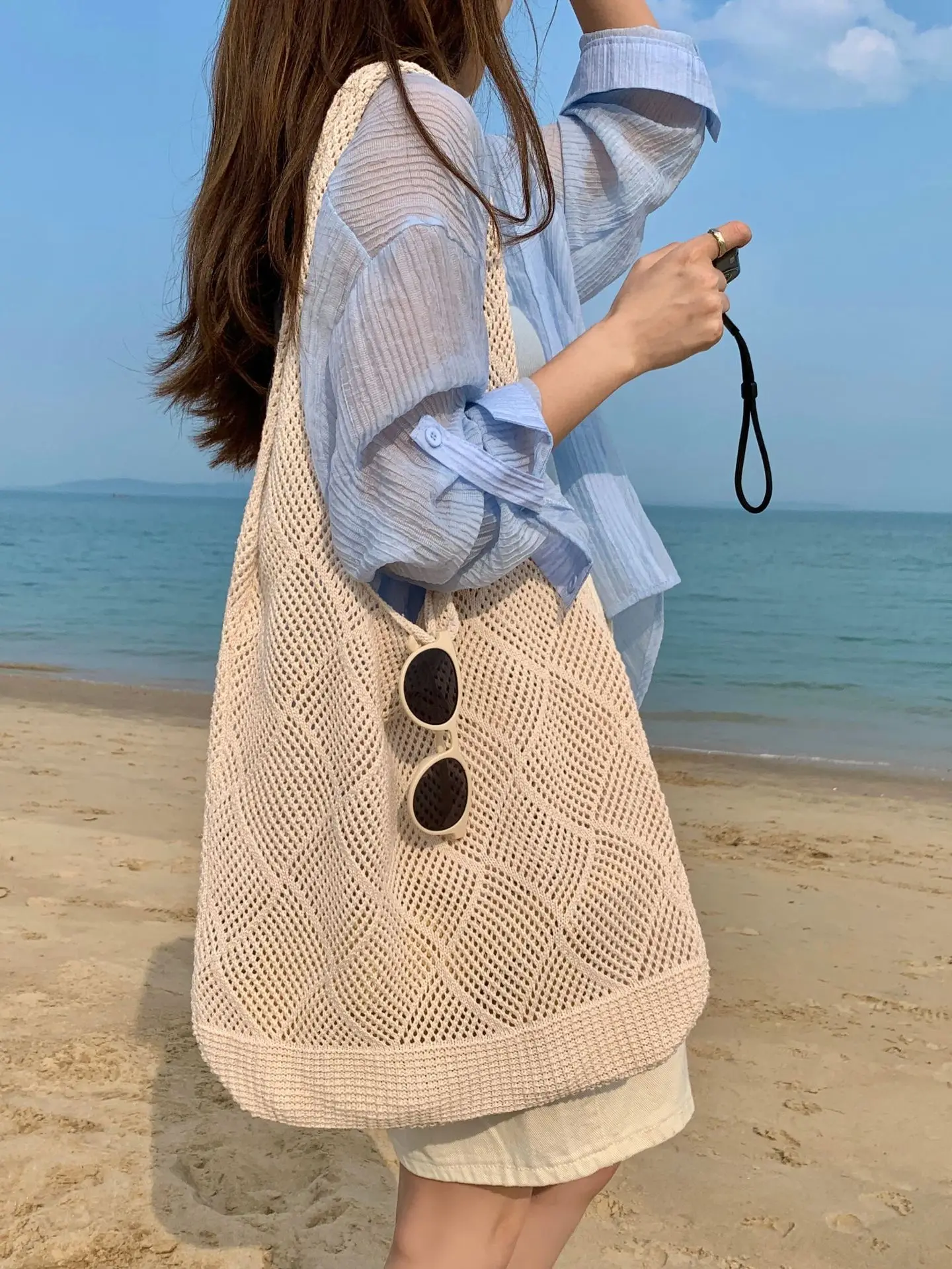 Custom Hot Sale Fashion Summer Beach Bag Mesh Design Shoulder Knitted Crochet Tote Bag for Women