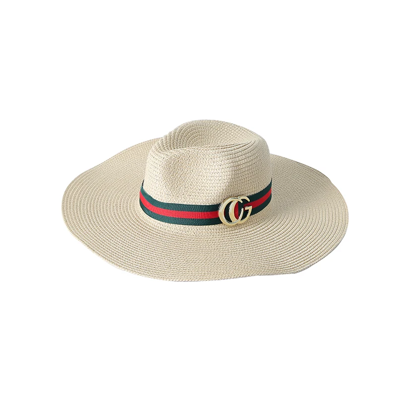 Green Red Striped Ribbon With metal Decorative Paper Straw Outdoor Hat For Women Men Wide brim Summer beach sunshade