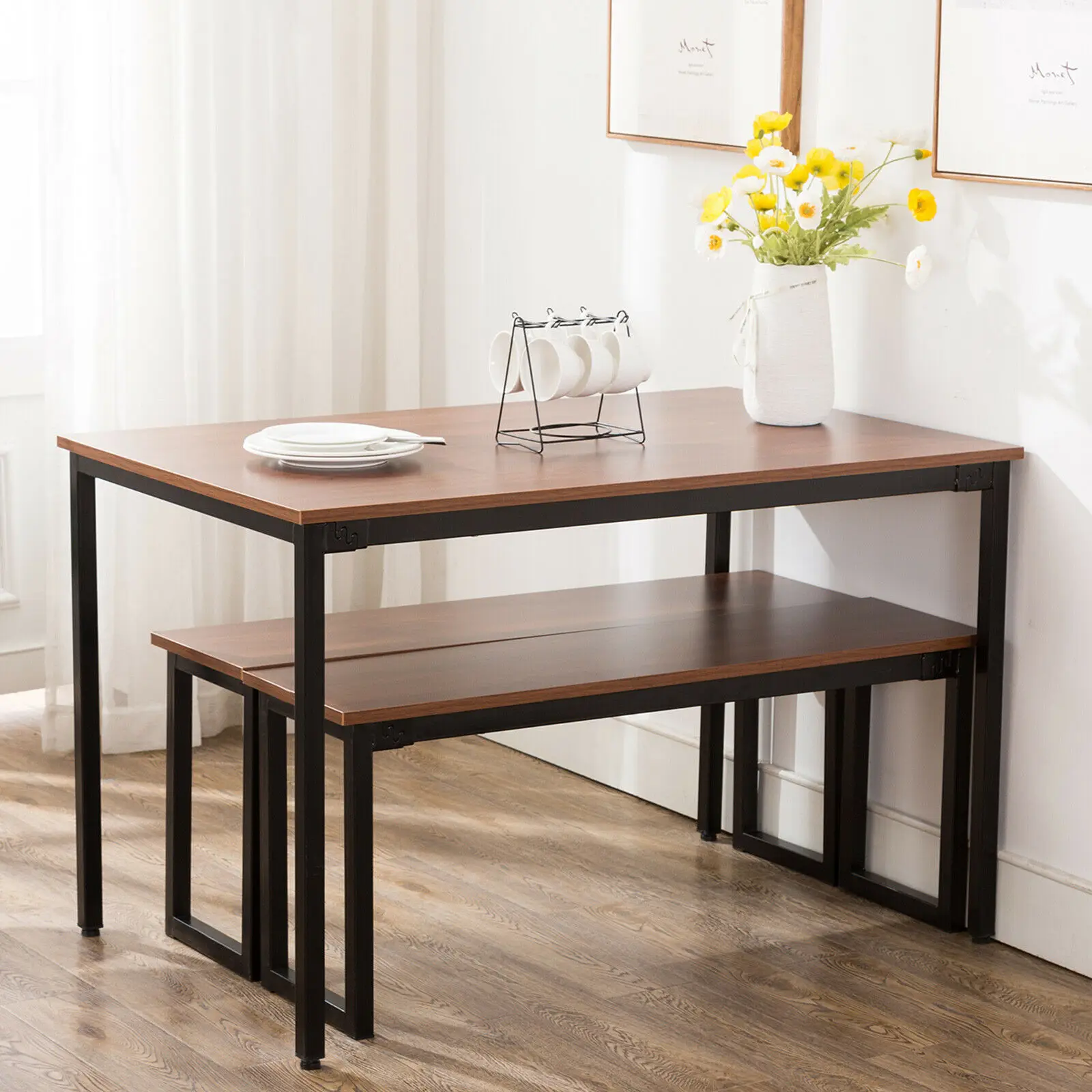 3 Piece Dining Table Set Kitchen Tables Set with Two Benches