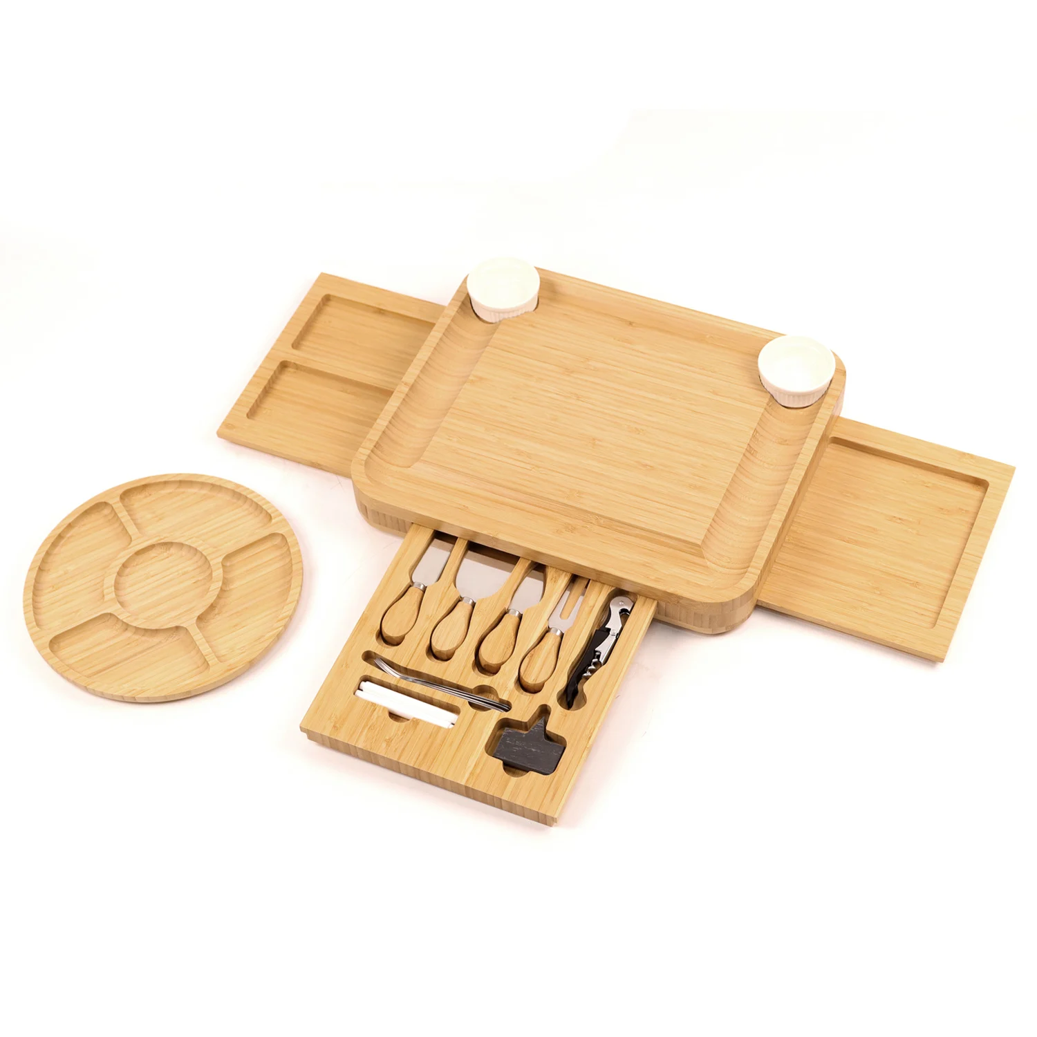Bamboo Cheese Board Set With Drawer Meat Charcuterie Platter Cutlery Set High Quality Charcuterie Board With 4 Cheese Knives