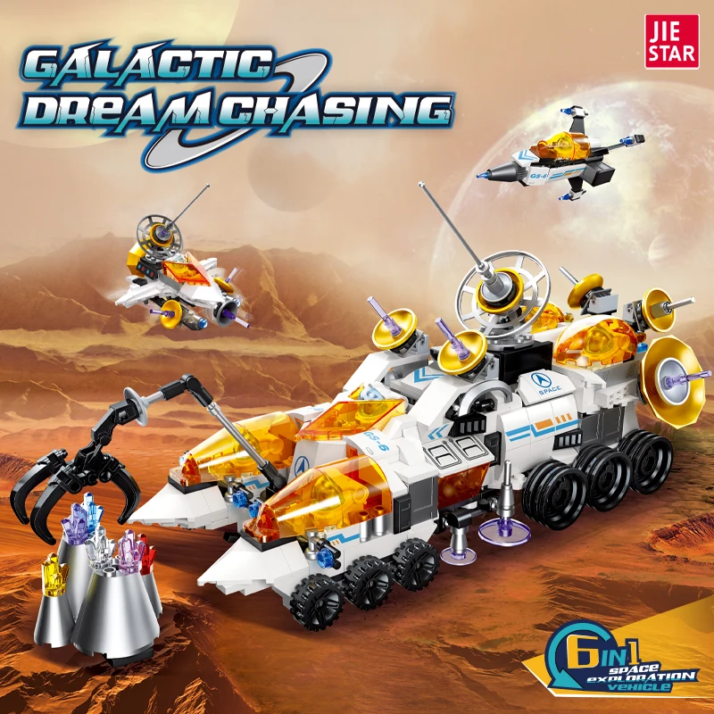 JIESTAR 607 pcs 6 in 1 lunar roving vehicle model building block kit children stem educational science toy kids diy space toy