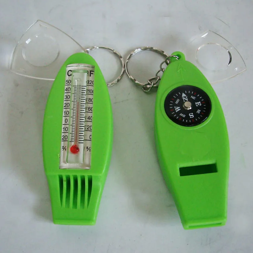 4 in 1 Multifunctional Keychain Compass 20MM Whistle Thermometer and magnifier for Outdoor Sports Promotion Gifts