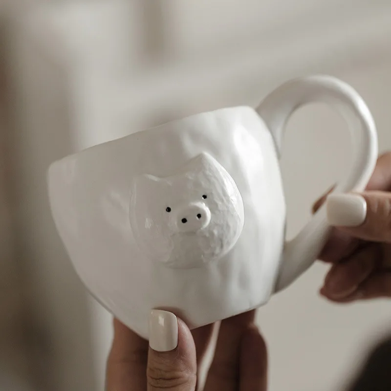 Cute bear coffee mug handmade relief animal mug porcelain pig mug cup