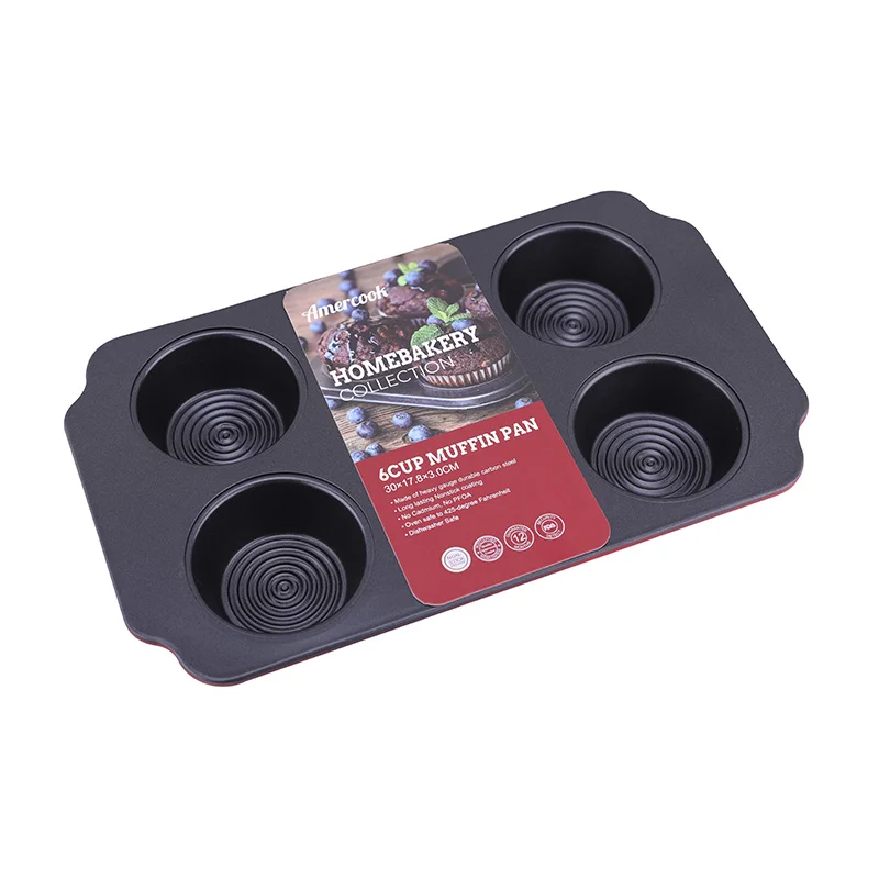 Carbon Steel Non-Stick christmas Cupcake Baking Tray Custom red Bakeware 6 Cup Muffin Pan