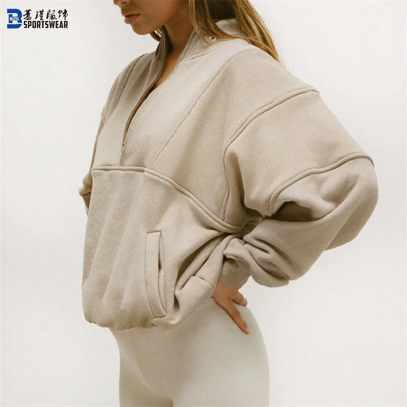 Custom Women Supplier Fall Heavyweight Pullover Warm Cotton Blank Cropped Oversized Crew Neck Jogging Zip Sweatshirt