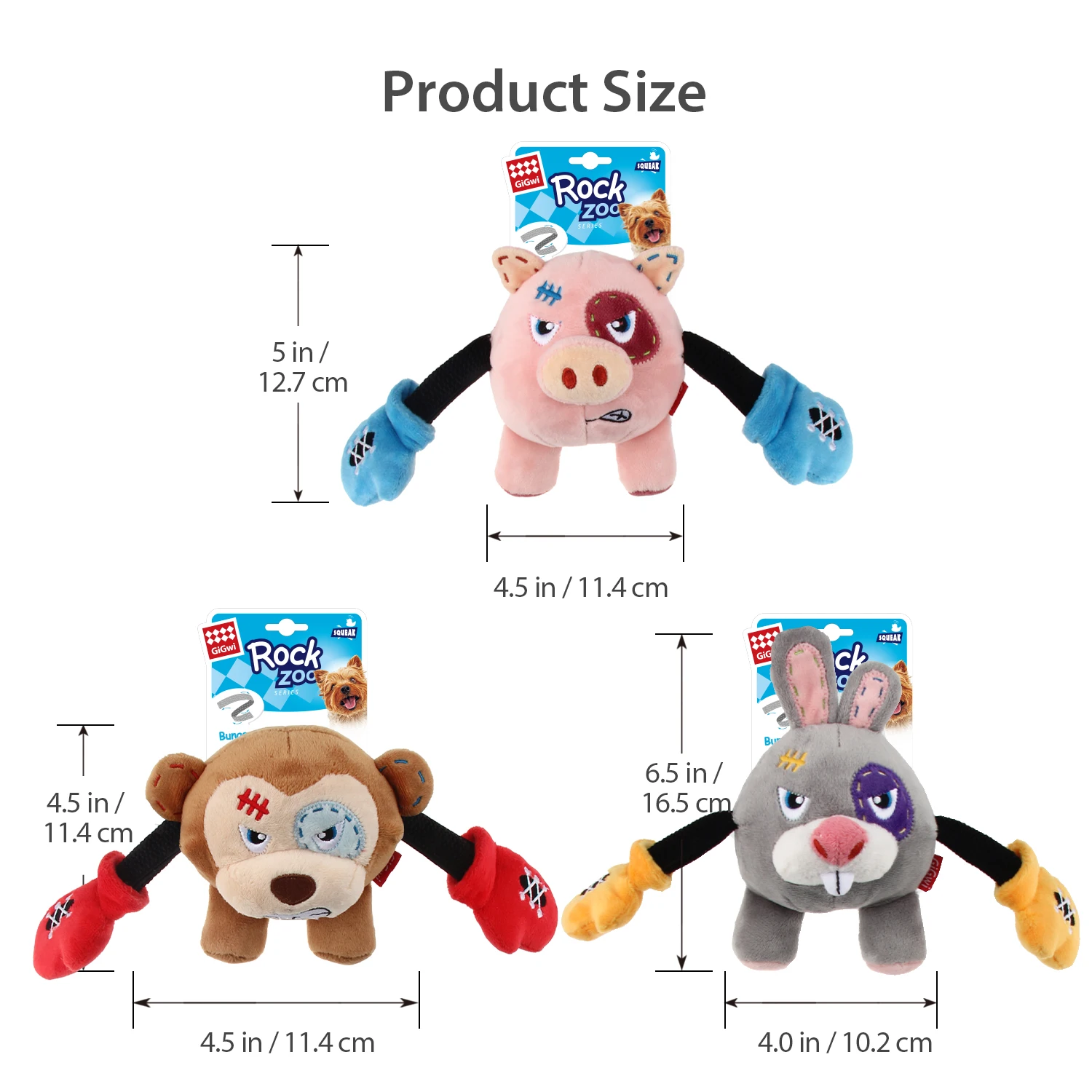 GiGwi new design Interactive pet plush toys dog toys monkey pig rabbit with squeaker& crinkle paper Bungee arm