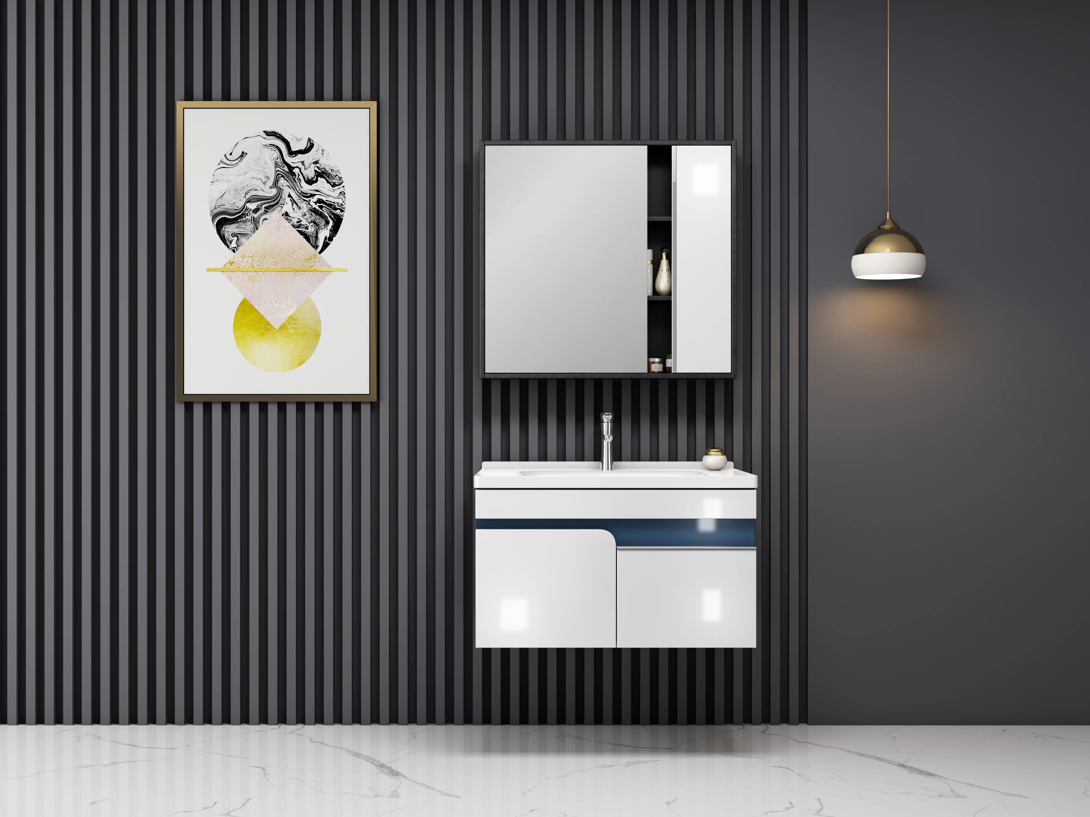 Factory direct sale modern designs PVC waterproof bathroom cabinet sinks pvc bathroom vanity with wall mirror