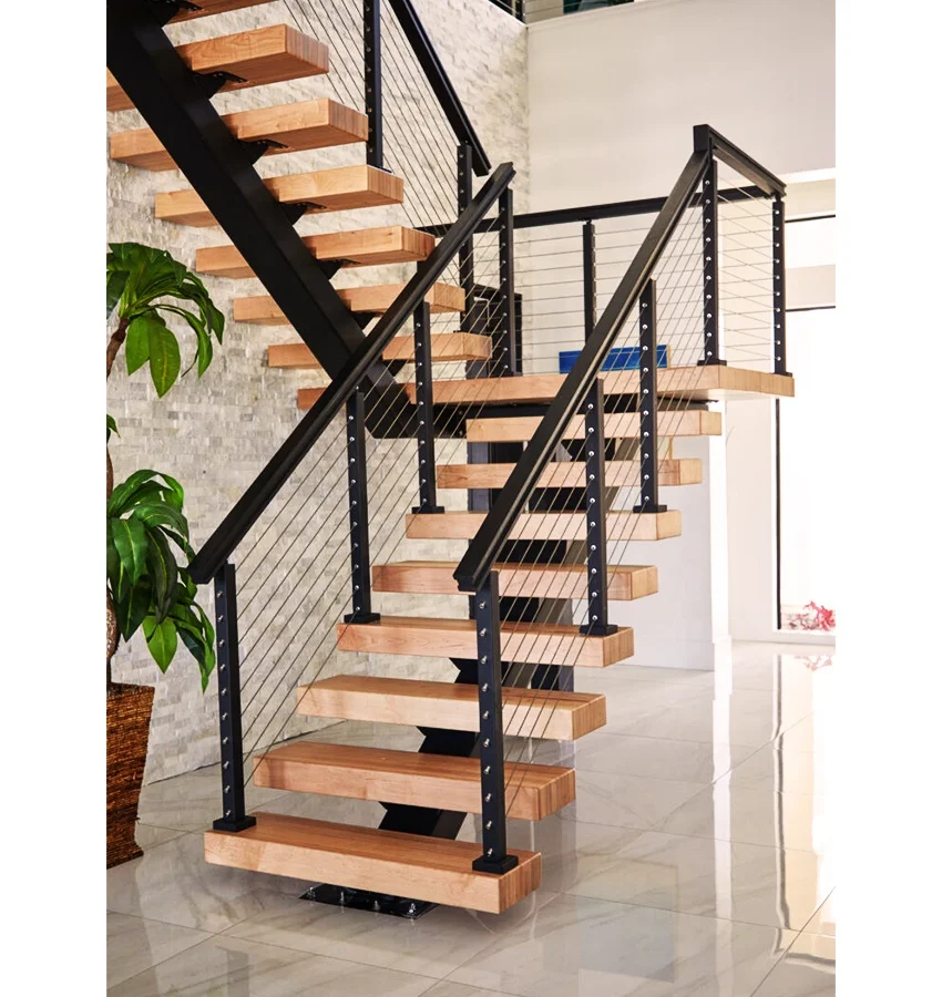 Best Selling Mono Stringer Staircase Design Steel Anti Slip Stair Tread Indoor Stairs Solid Wood Tread Straight Staircase