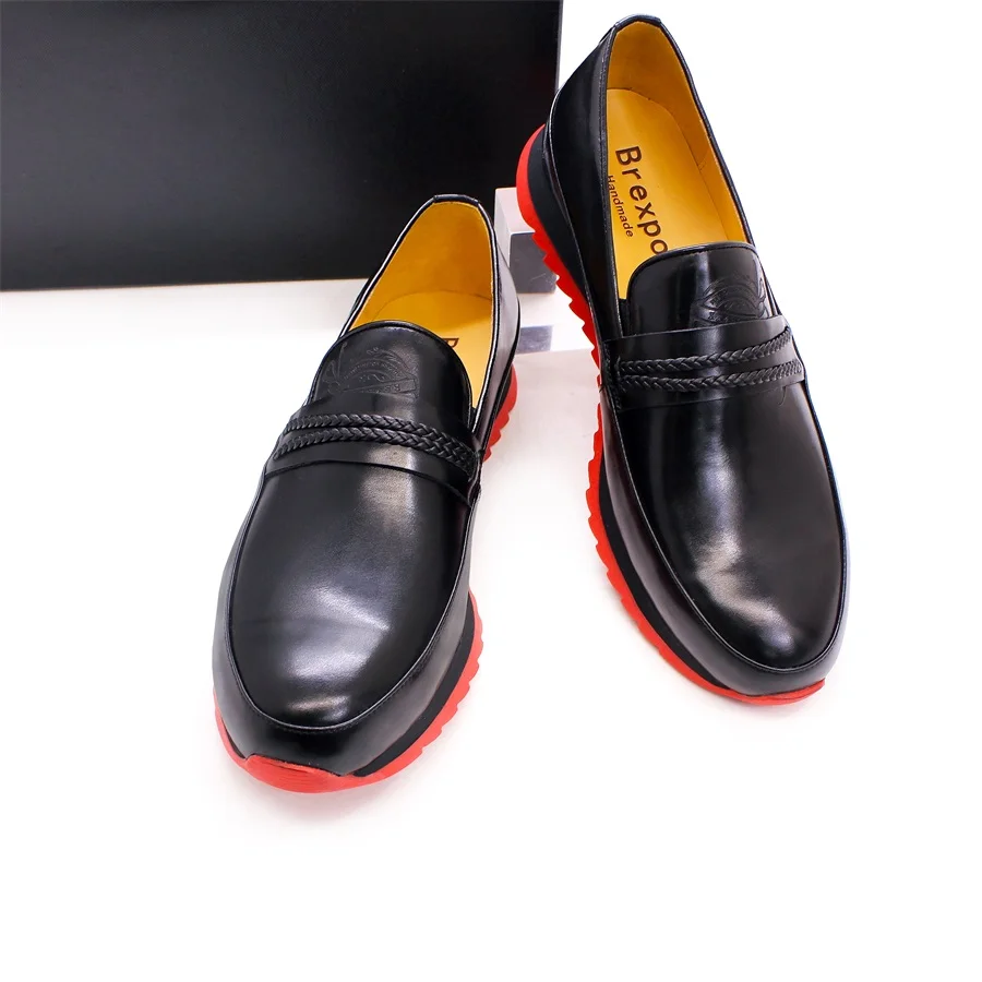 2022 Handmade Genuine Leather Italian Men Slip On Casual Dress Shoes  Laser print pattern Flat Red Sole Walking shoes