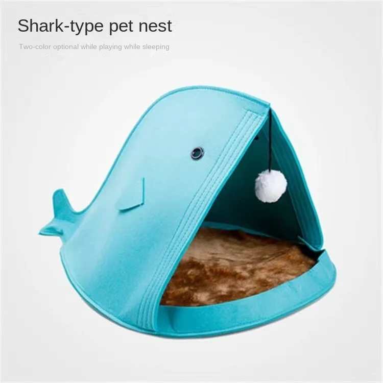 New Arrival Cartoon Creative Cat Kennel Ball Toys Detachable Foldable Felt Shark Dog Bed 4 Season Travel Bed Pets Cave Cat Bed