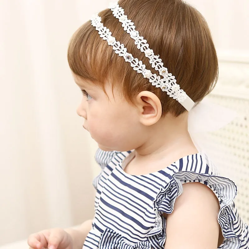 Wholesale Little Girls Hair Accessories Solid Colors Lace Hairband with Bow. Rhinestone Lace Headband