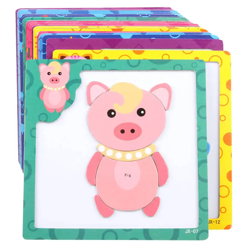 Factory price early educational toy custom children cartoon animal paper jigsaw wooden 3d puzzle for kid