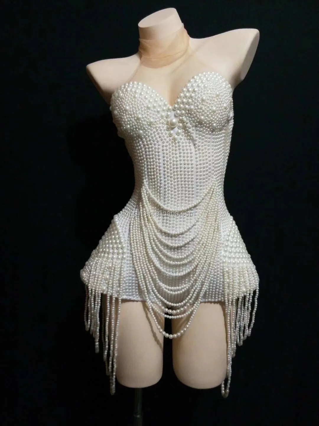 White Pearls Beading Bodysuit Jazz Dance Outfit Evening Stage Show Costume Prom Birthday Bar Women Singer Clothes