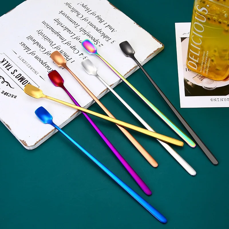 Creative 304 Stainless Steel Long-Handle Square Head Bar Mug Classic Bartending Coffee Honey Mixing Spoon Wooden Wedding Bulk