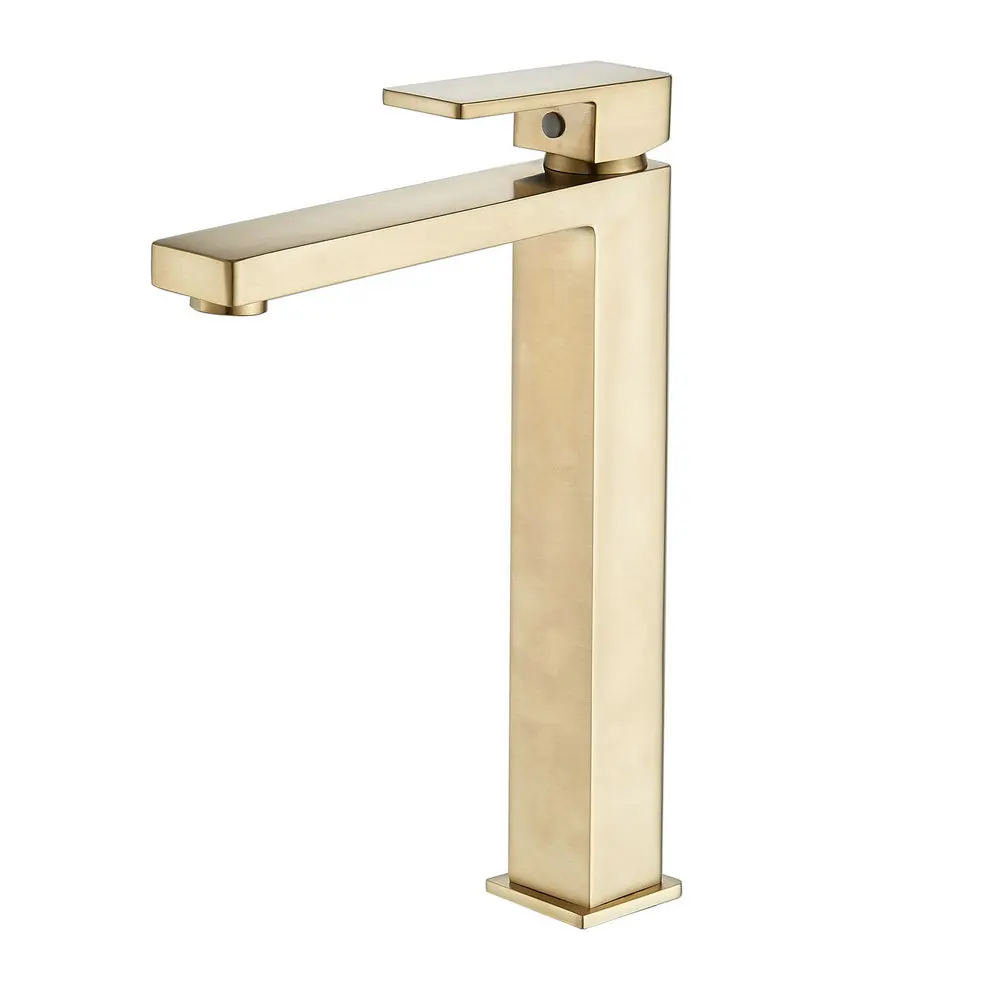 Beelee Lavatory Vessel Sink Square Solid Brass Single Hole Waterfall Tap Brushed Gold Tall Body Basin Faucet Basin Mixer