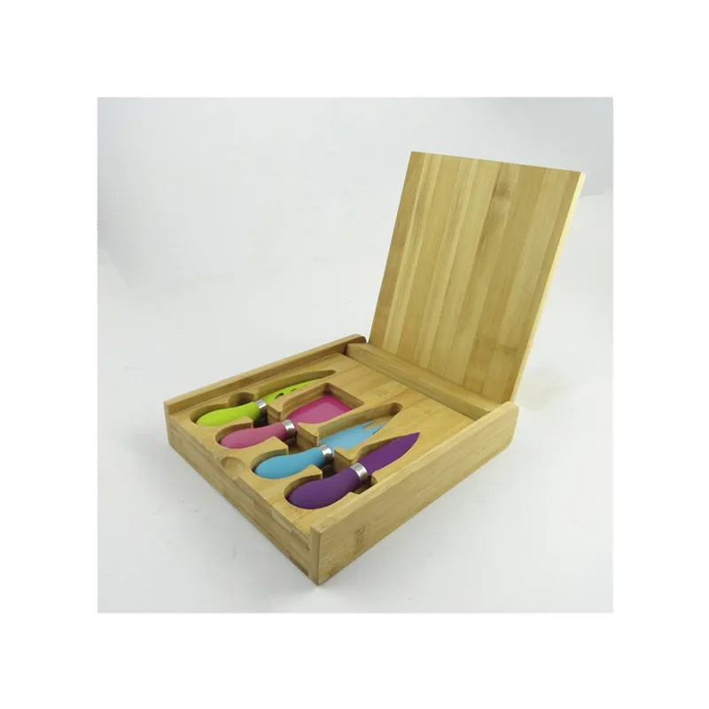 Stainless Steel colored Set of 4 Cheese Knife Set with rubber handle in rubber wood case