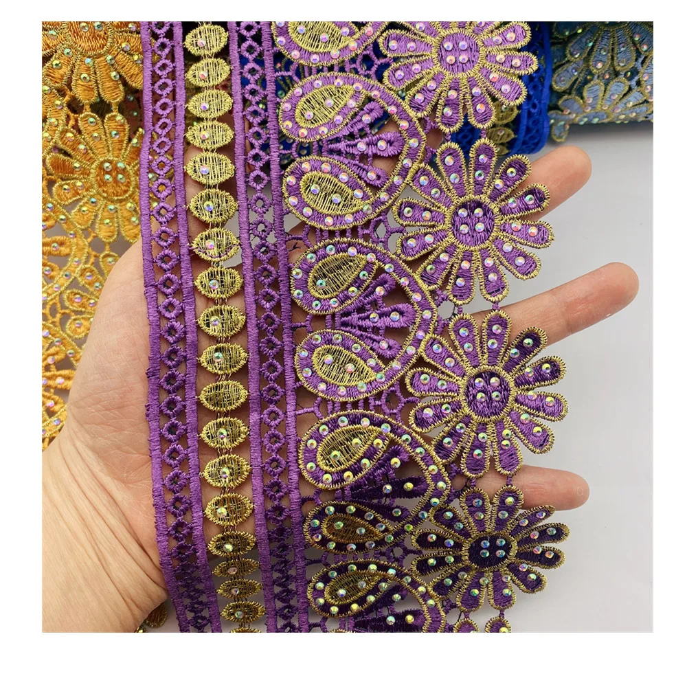 Golden Knit 12cm Width 3d Flower Polyester Lace Embroidery African Lace Trim