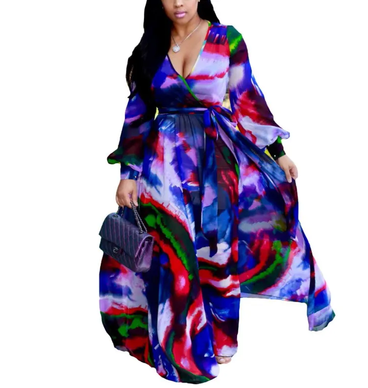 Женское шифоновое платье-макси с цифровой печатью и длинным рукавом