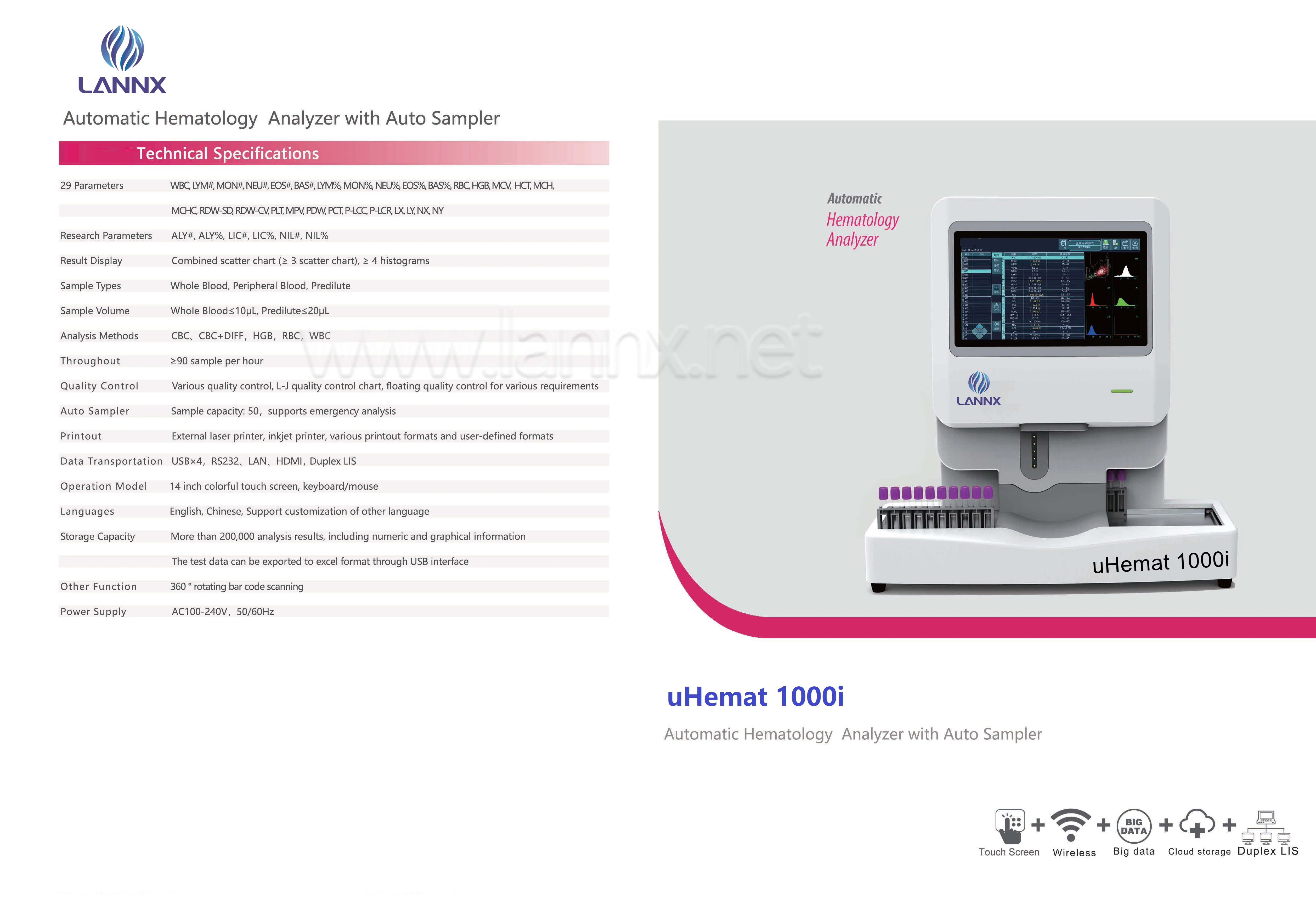 LANNX uHemat 1000i High Quality 5-Part Auto Hematology Analyzer with Auto Sampler Blood Test Machine Hematology Analyzer