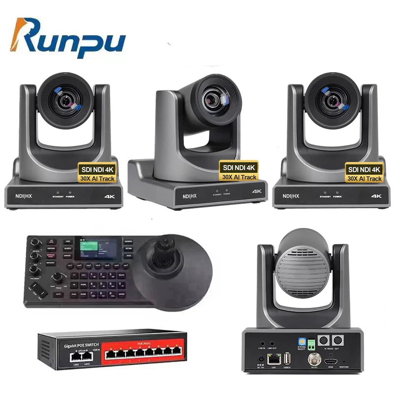 USD2478 Free Ship Broadcast Kit VX60AL-N=4 pcs NDI POE 4K 20X Optical zoom SDI TZ Conference Camera+a controller+poe switch