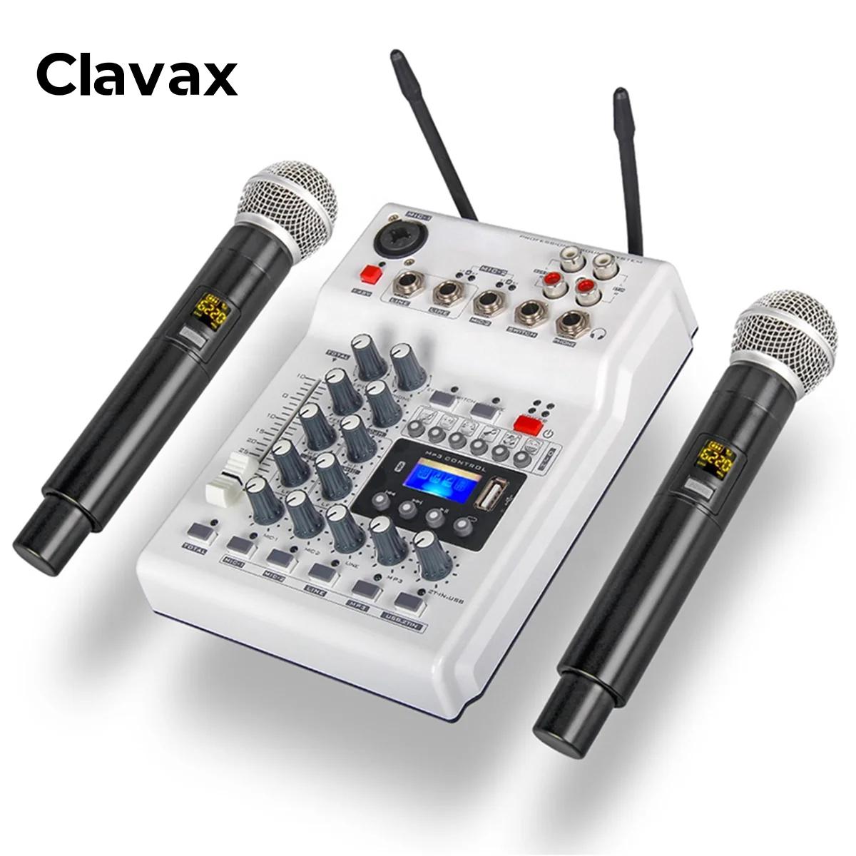 MM-02 Профессиональный цифровой аудио микшер Clavax с двумя каналами и 2 UHF беспроводными микрофонами для небольших концертных развлечений