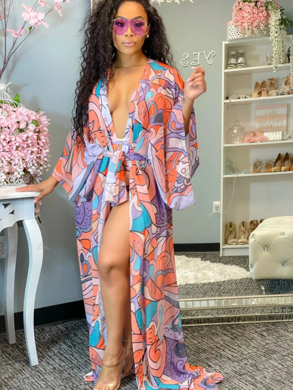 H2711 Woman Long Floral chiffon Fabric Blue Casual Beachwear Summer Orange Lace Kimono Sexy Maxi Dress