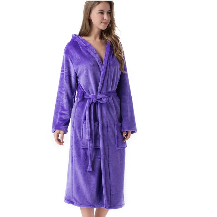 Purple fluffy robe top quality coral fleece hotel bathrobe for women