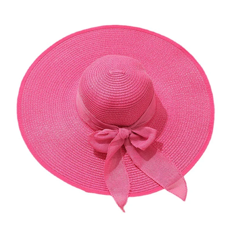 Wholesale Women Summer Hat Wide Brim Roll Sun Hat Sombrero Foldable Ribbon Bow Paper Straw Floppy Beach Hat for Lady  Sun Shade