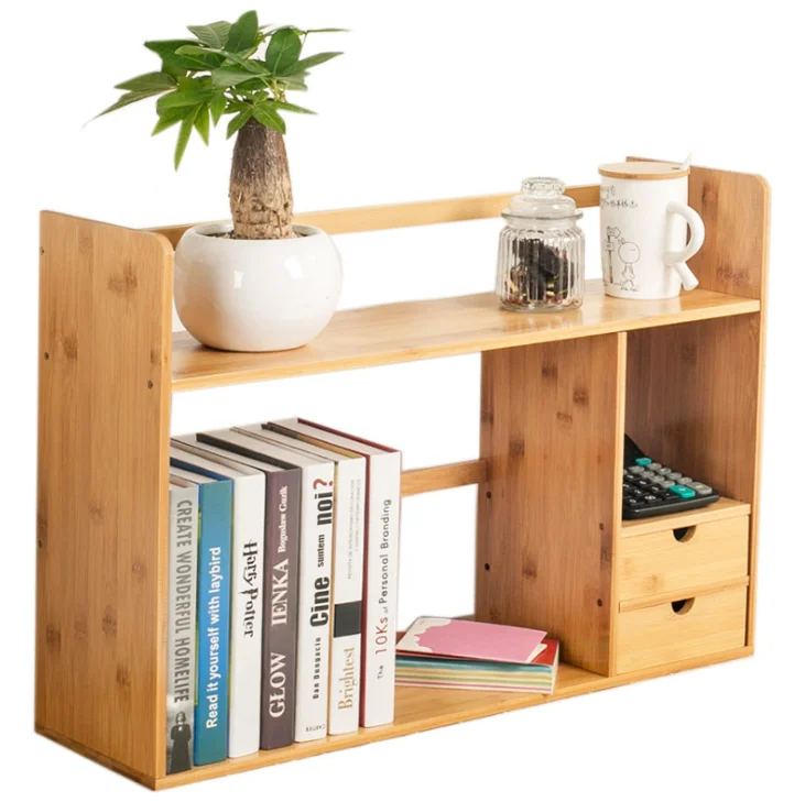 
Bamboo Desktop Storage Organizer 2-Tier Small Kids Baby Bookcase Children Bookshelf with Drawers for Home Office 