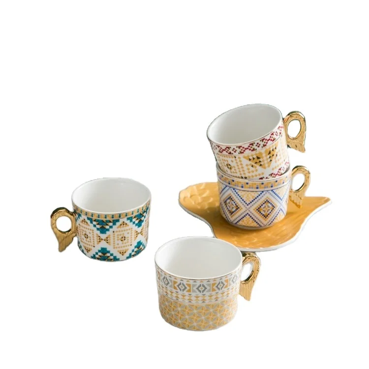 Angel Wing Gold Handle Ceramic Tea Cup and Saucer Set Custom Espresso Cups And Saucers Coffee Cups Real Gold Depiction