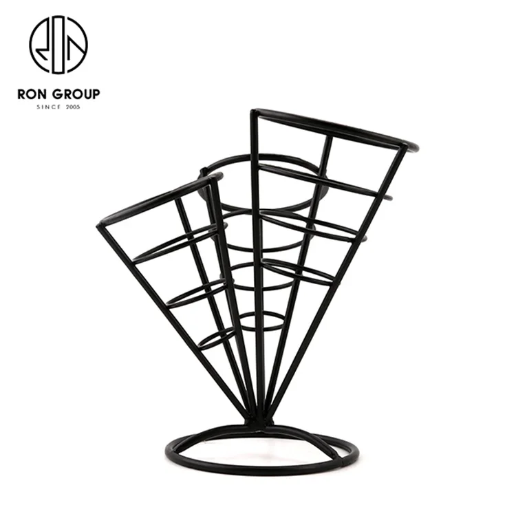 High Quality Restaurant Use Kitchenware Snacks Metal Basket Rack Display Wire Iron Matte Black 3 Cones French Fry Holder Stand