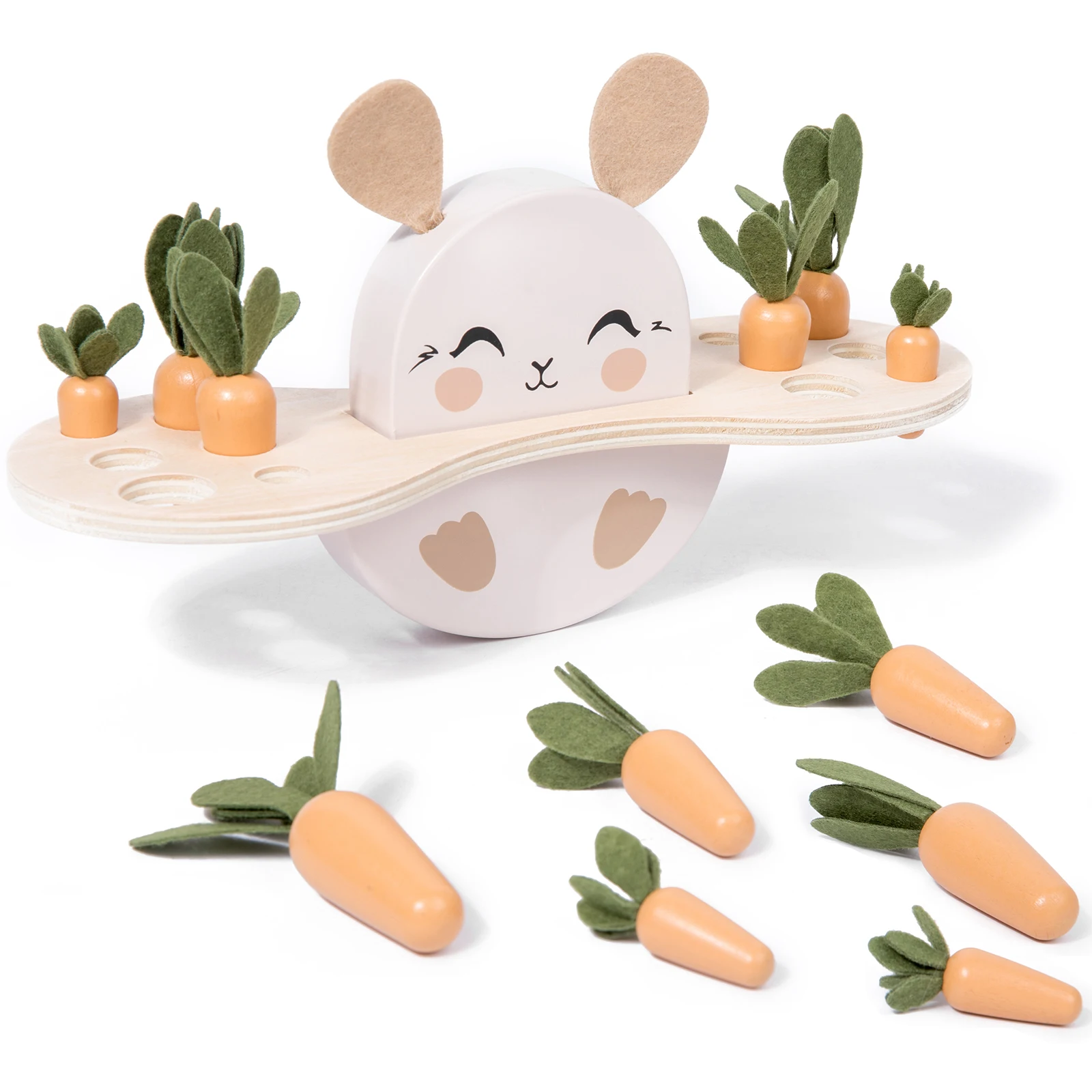 Wooden Balancing Rabbit Educational Toy Pull Carrot Shape Sorting Fine Motor Skills