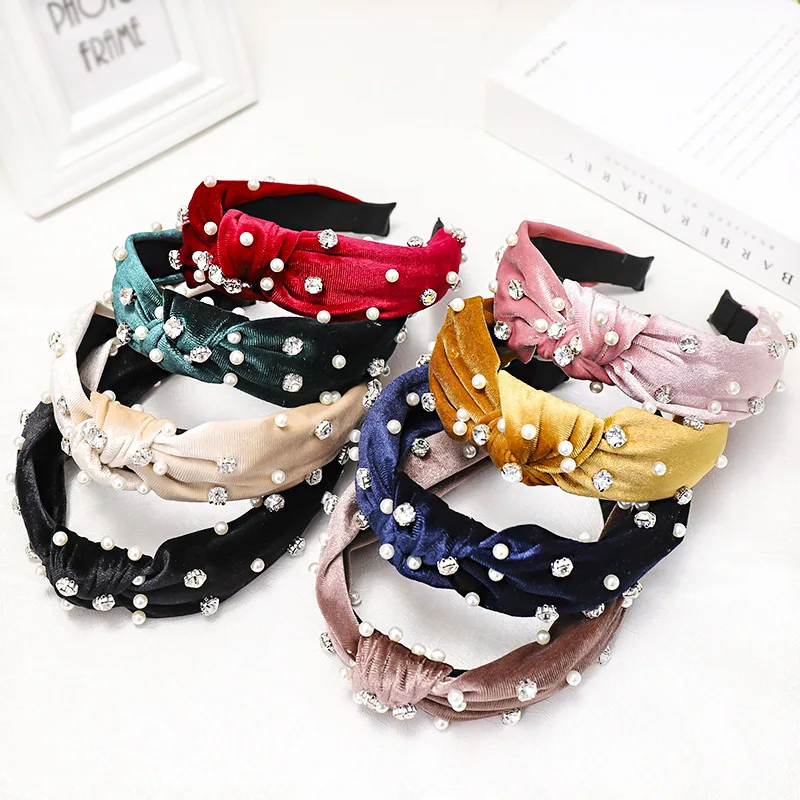 Wholesale creative new style rhinestone pearl headband broad-brimmed gold velvet headband female hair accessories