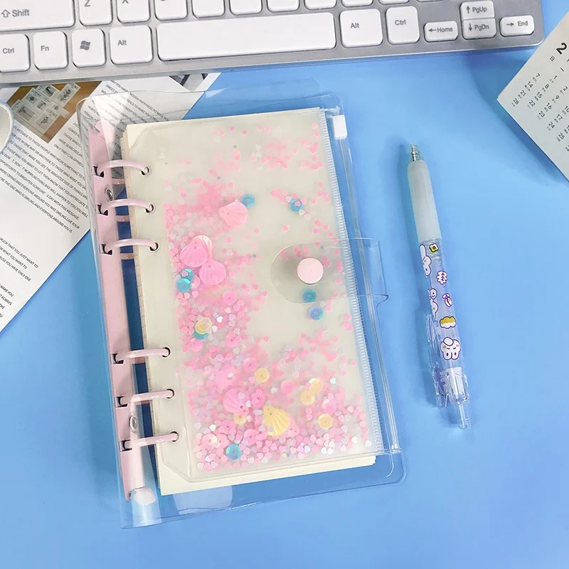 Binder pvc pockets glitter holes zipper folders a6 size notebook binder loose leaf bags waterproof pouch document filing