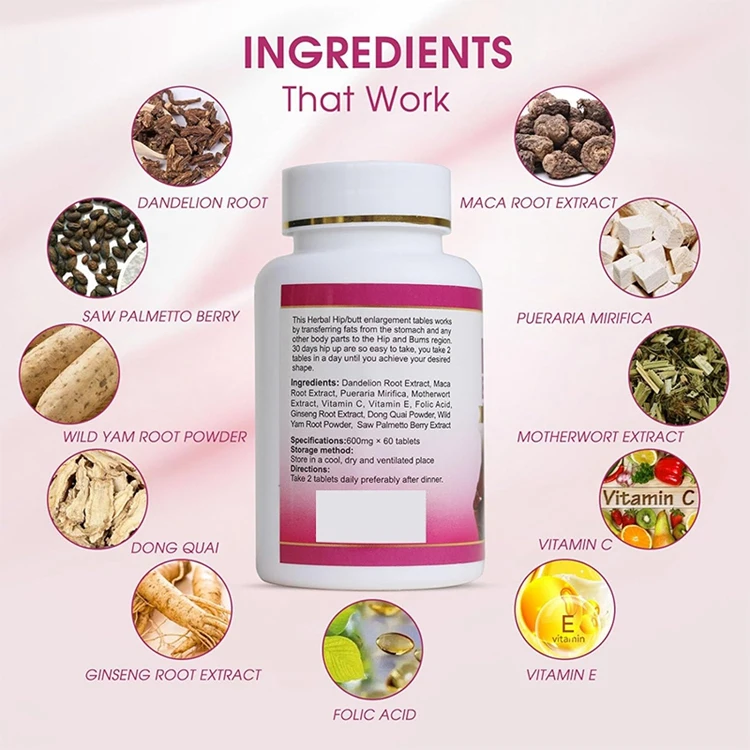 60 Tablets Butt Booster Pills Mention Buttocks Herbal Supplements for Plump Hips Enhancement Firming and Seductive