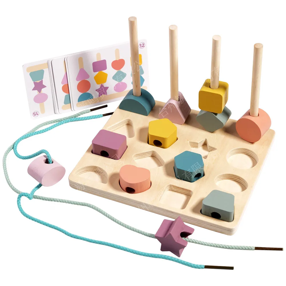 Montessori Wooden Beads Sequencing Toy Set Stacking Blocks Lacing Beads & Matching Shape Stacker for kid STEM Preschool Learning