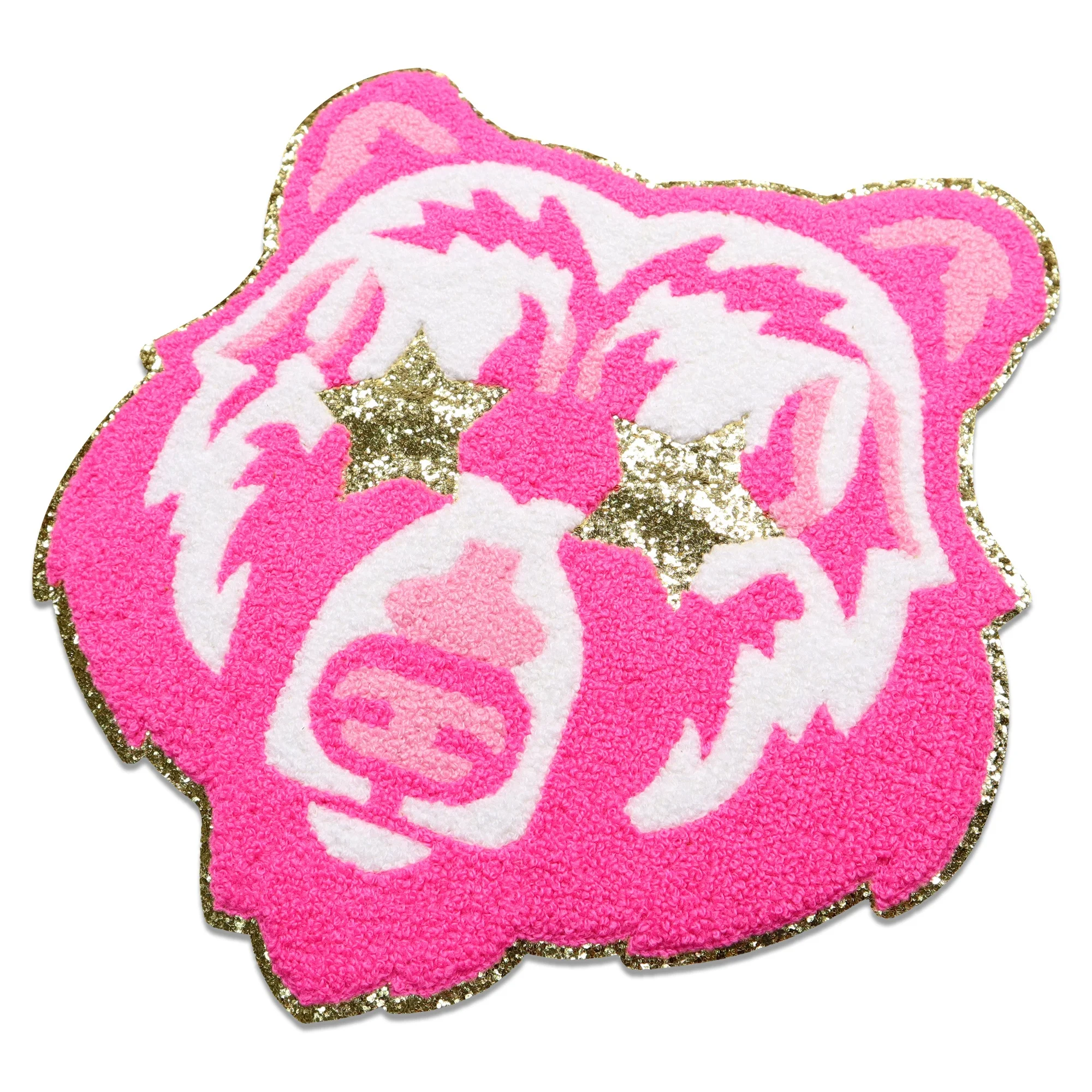 Custom Pink Glitter Iron On Patch Designer Patch Sew On Chenille Embroidery Tiger Patches For Clothing