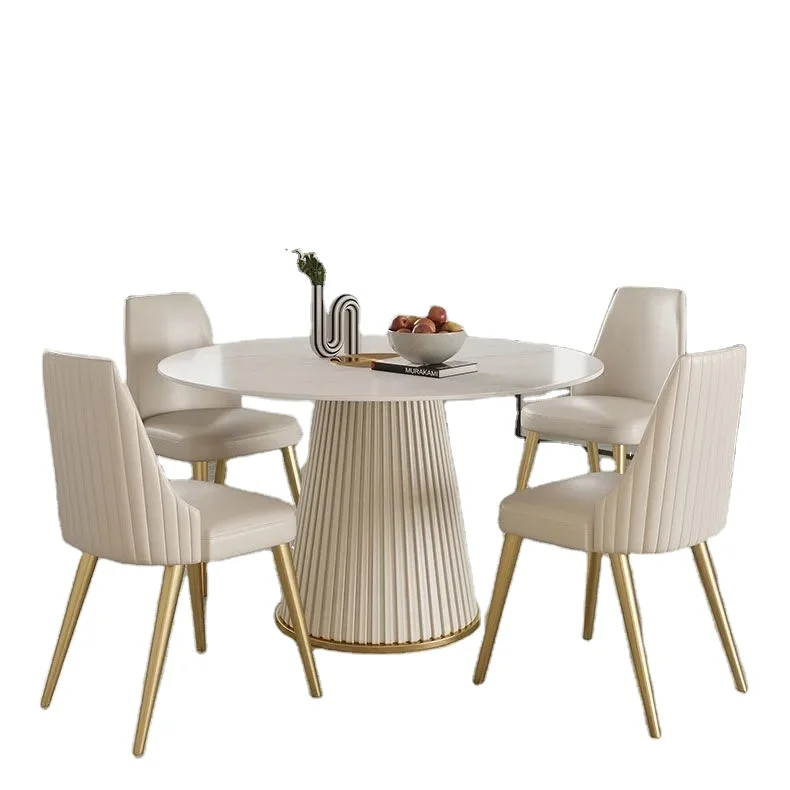 Modern light luxury light dining room furniture rock plate round dining table and chair combination