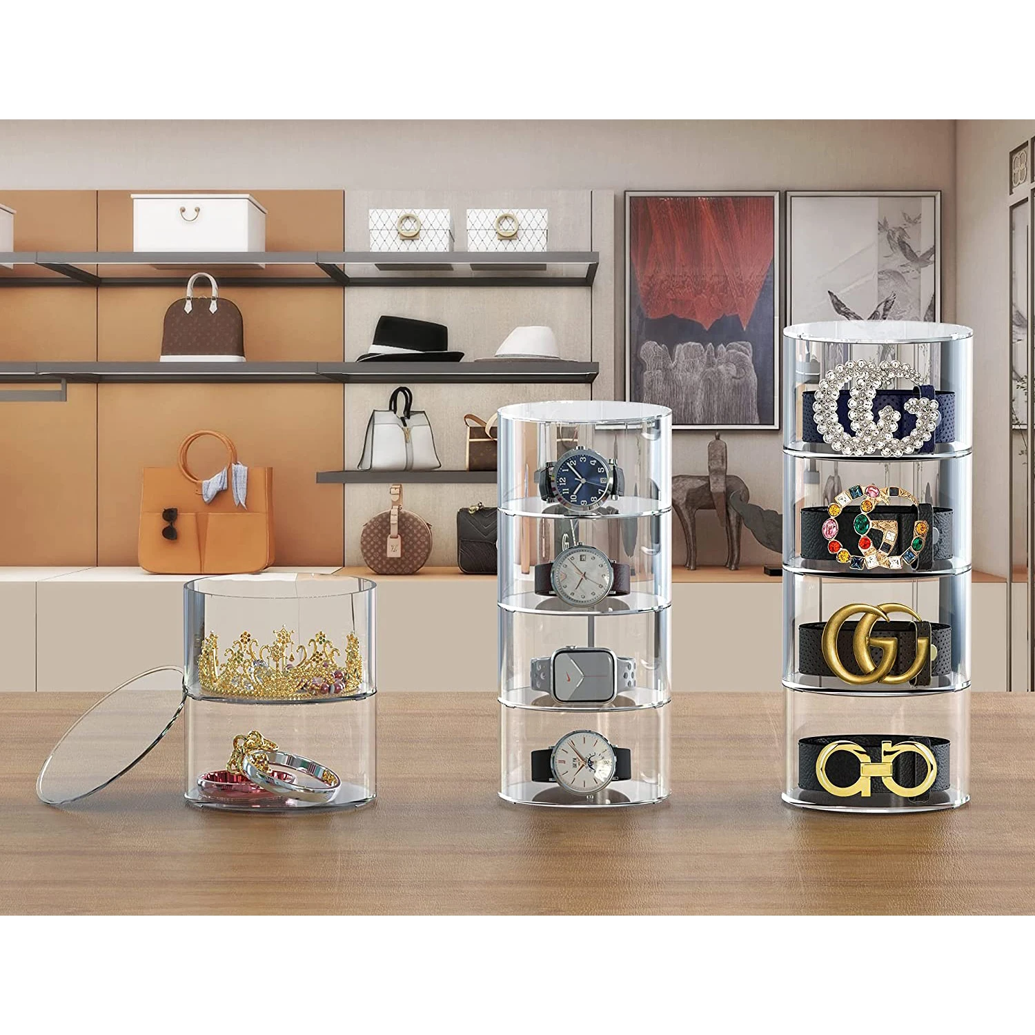 Custom Clear Drawer Belt Organizer Pantry Belts Storage Holder Acrylic Belt Display Case for Jewelry Watch
