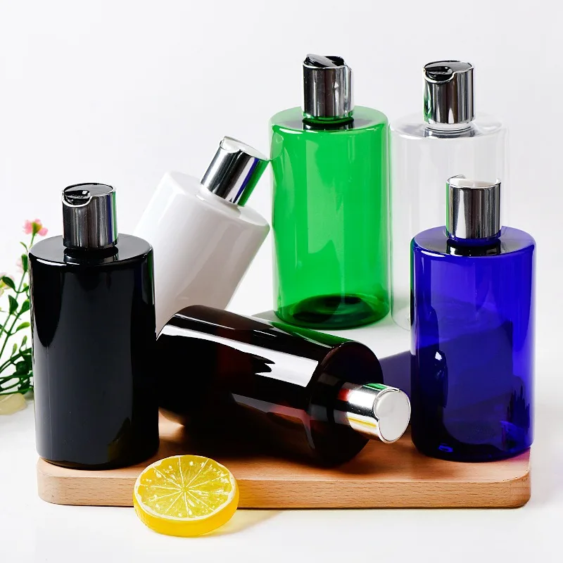 300ml Flat Round Shape Transparent Squeeze Plastic Bottles With White Black Flip Disc Caps