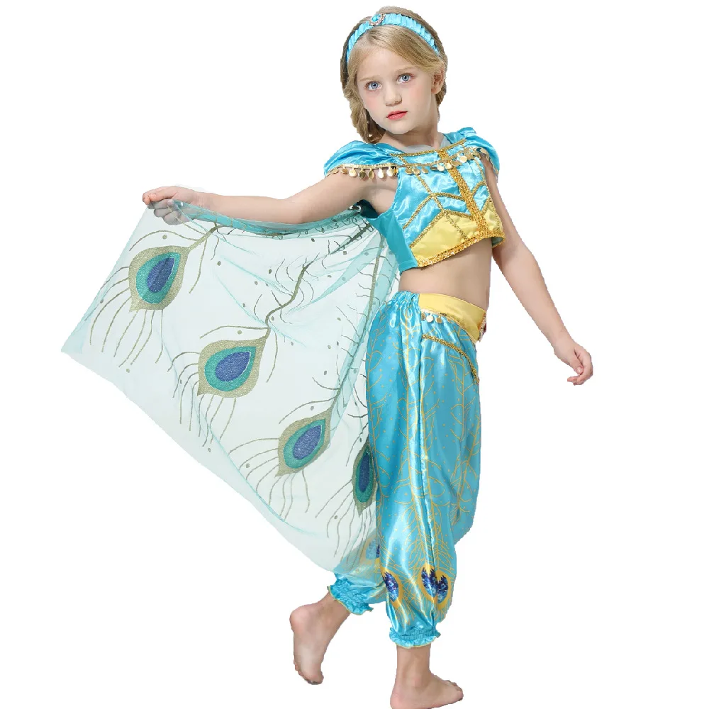 Jasmine Toddle Arabian Long Sleeves Blue Princess Dress Up Outfit Birthday Cosplay Party Anime Costumes for Little Girls Kids