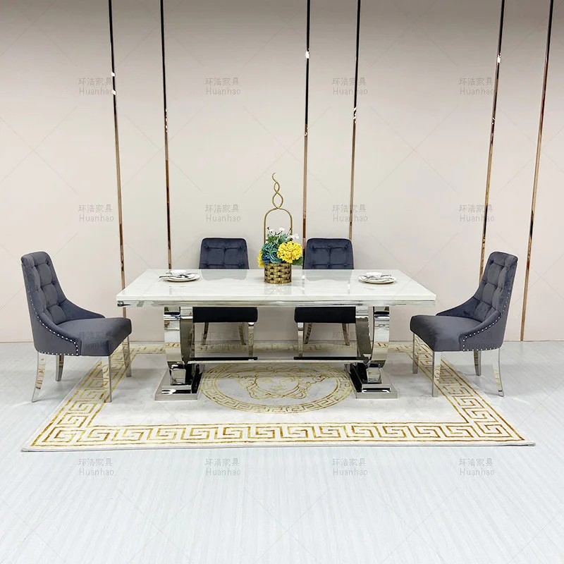 Modern cheap American high quality dining room stainless steel frame marble top square 6 8 10 seater dining tables set