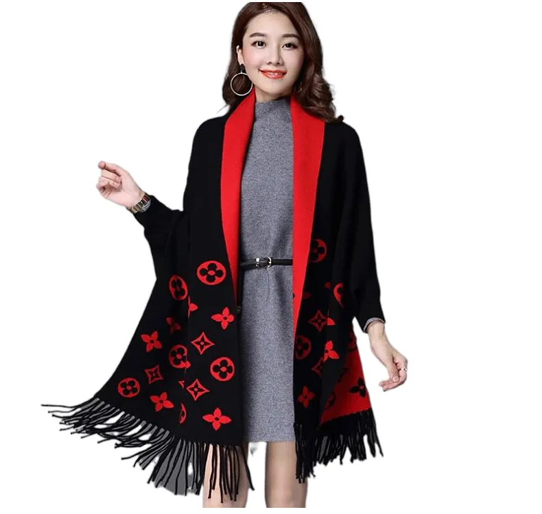 Модная длинная разноцветная зимняя теплая шаль с бахромой с рукавами вязаные шали и палантины