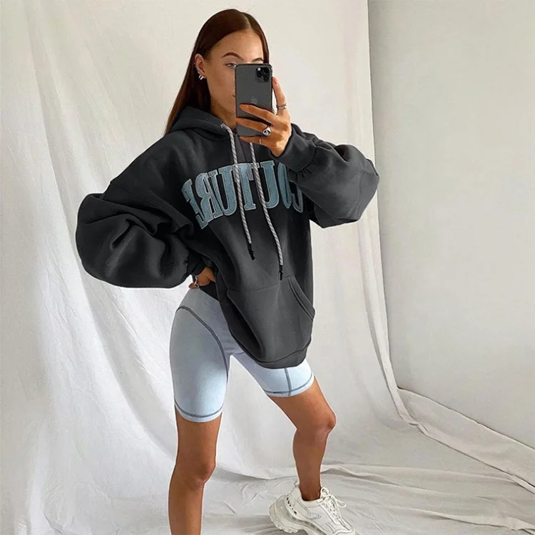Wholesale Cotton Letters Printing Long Seleeve Gray Loose Drawstring Hoodie Elastic Cuffs Casual Sweatshirts Hoody With Pocket