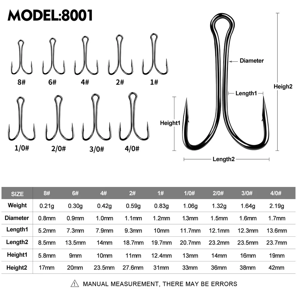 50pcs/bag Double Hooks High Carbon Steel Frog Hook Super Strong Soft Worm Lure Duple Hook 1# 2# 4# 6# 8#