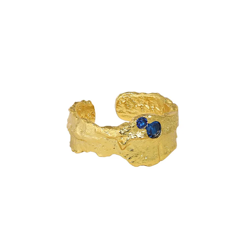 Hot Selling Hammered Sterling Silver S925 Blue Cubic Zircon Gemstone Rings 18K Gold Plated Irregular Ring