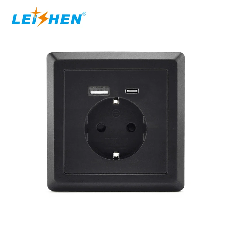 LEISHEN 86mm Style Wholesale 5V/3.4A 250V 16Amp Flush-Mounted Outlet Protective Contact Wall Schuko Socket With USB-C Charger